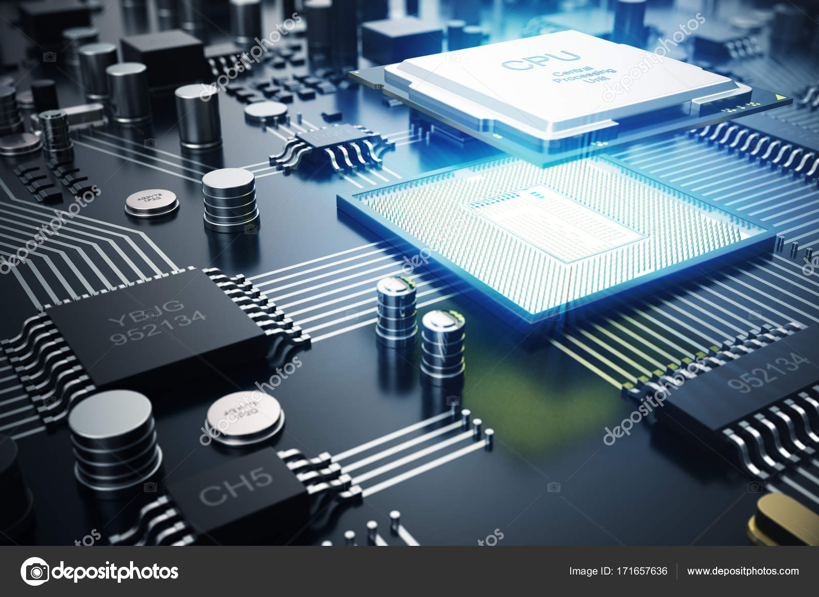3D rendering Circuit board. Technology background. Central Computer Processors CPU concept. Motherboard digital chip. Tech science EDA background. Integrated communication processor, Information CPU engineering